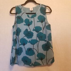 Cabi S Top Teal Blue Poppy Floral Sleeveless Chiffon Lined Preppy Office Boho